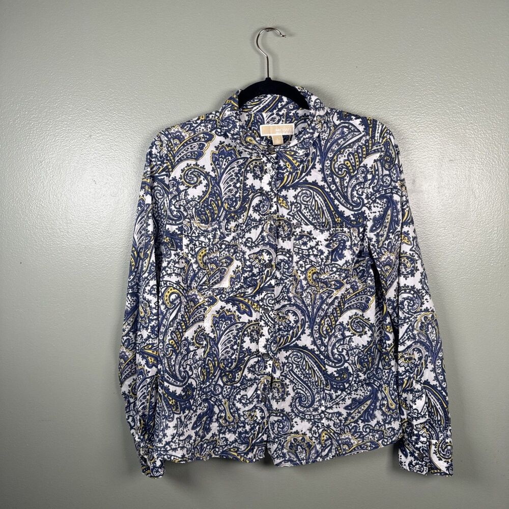Michael Kors Womens Size L Blue Roll‎ Tab Pretty Paisley Button Up Collar Shirt
